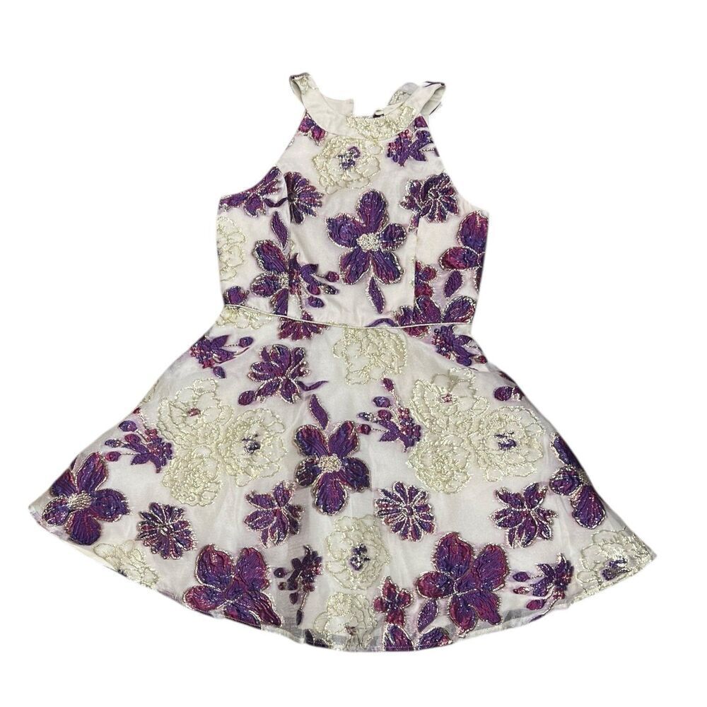 Zunie Ivory Purple Floral Organza Party Dress Girl 14